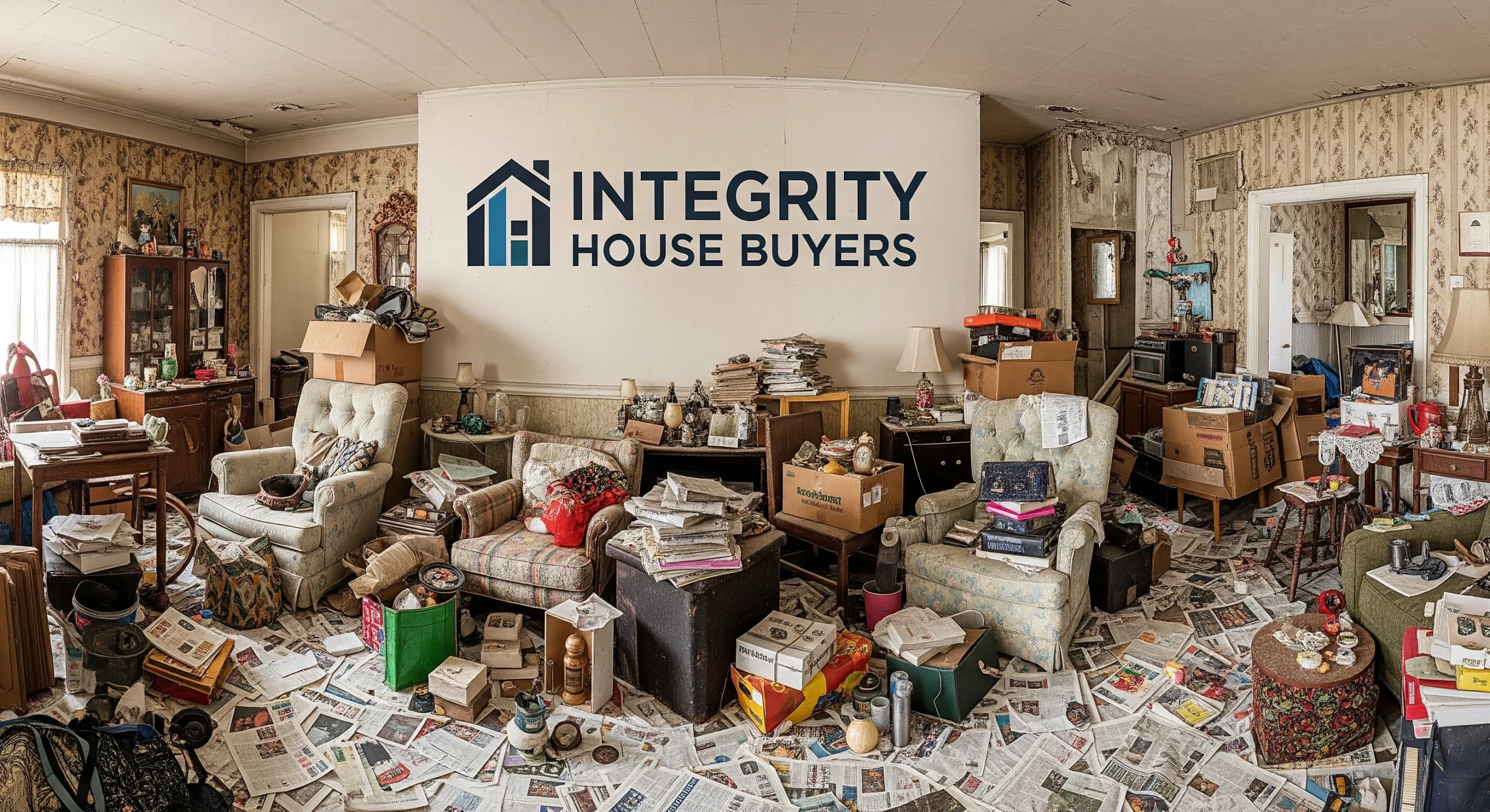 Cluttered hoarder house interior with sunlight as a symbol of hope