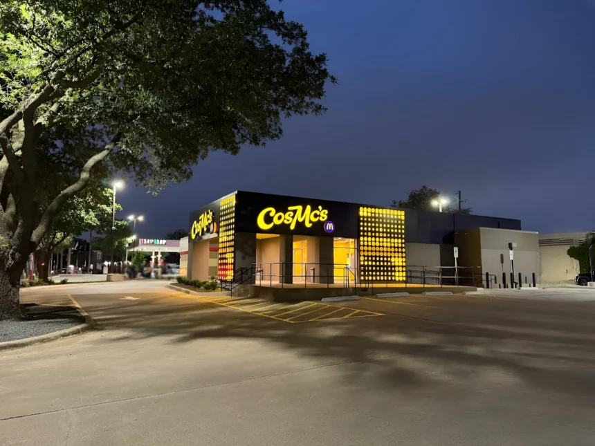 Nighttime view of CosMc’s restaurant in Dallas with bright yellow lights and signage, surrounded by an empty parking lot