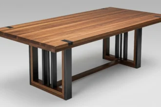 Durable hardwood dining table with metal details