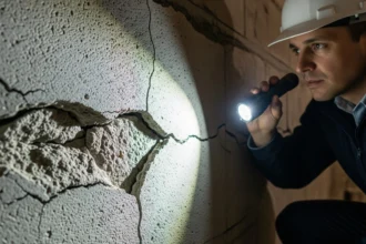 Professional inspecting cracked foundation wall