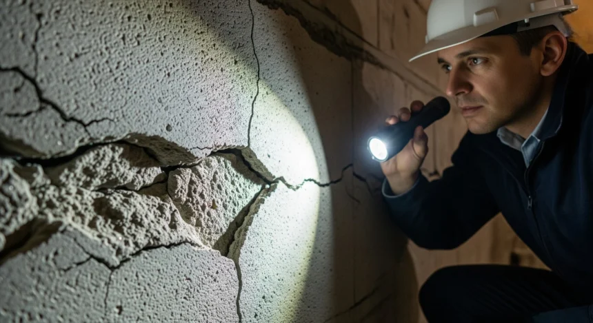 Professional inspecting cracked foundation wall