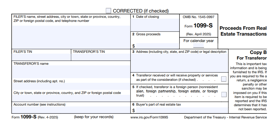 Comprehensive Guide to IRS Form 1099-S for Real Estate Professionals IRS Form 1099-S 2025