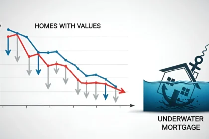 Graph showing declining home values over time next to an illustration of a house underwater with a percent sign, representing an underwater mortgage