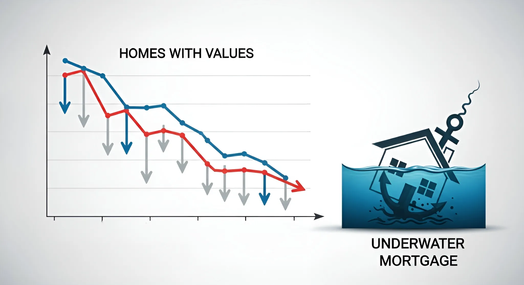 Selling Before It’s Too Late: What Pre-Foreclosure Means Graph showing declining home values over time next to an illustration of a house underwater with a percent sign, representing an underwater mortgage