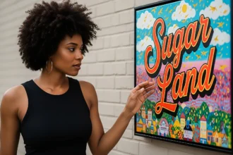 A lady pointing at a colorful "Sugar Land" sign with illustrated clouds, stars, and buildings in the background
