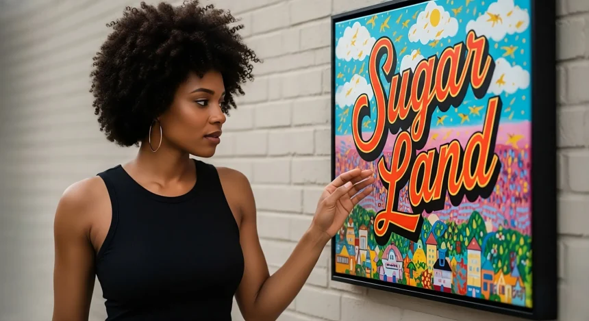 A lady pointing at a colorful "Sugar Land" sign with illustrated clouds, stars, and buildings in the background