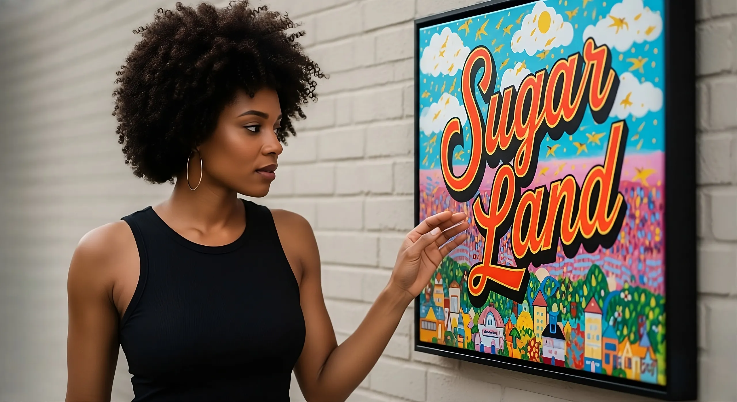 Modernizing Sugar Land Homes: Interior Design Trends Buyers Love A lady pointing at a colorful "Sugar Land" sign with illustrated clouds, stars, and buildings in the background