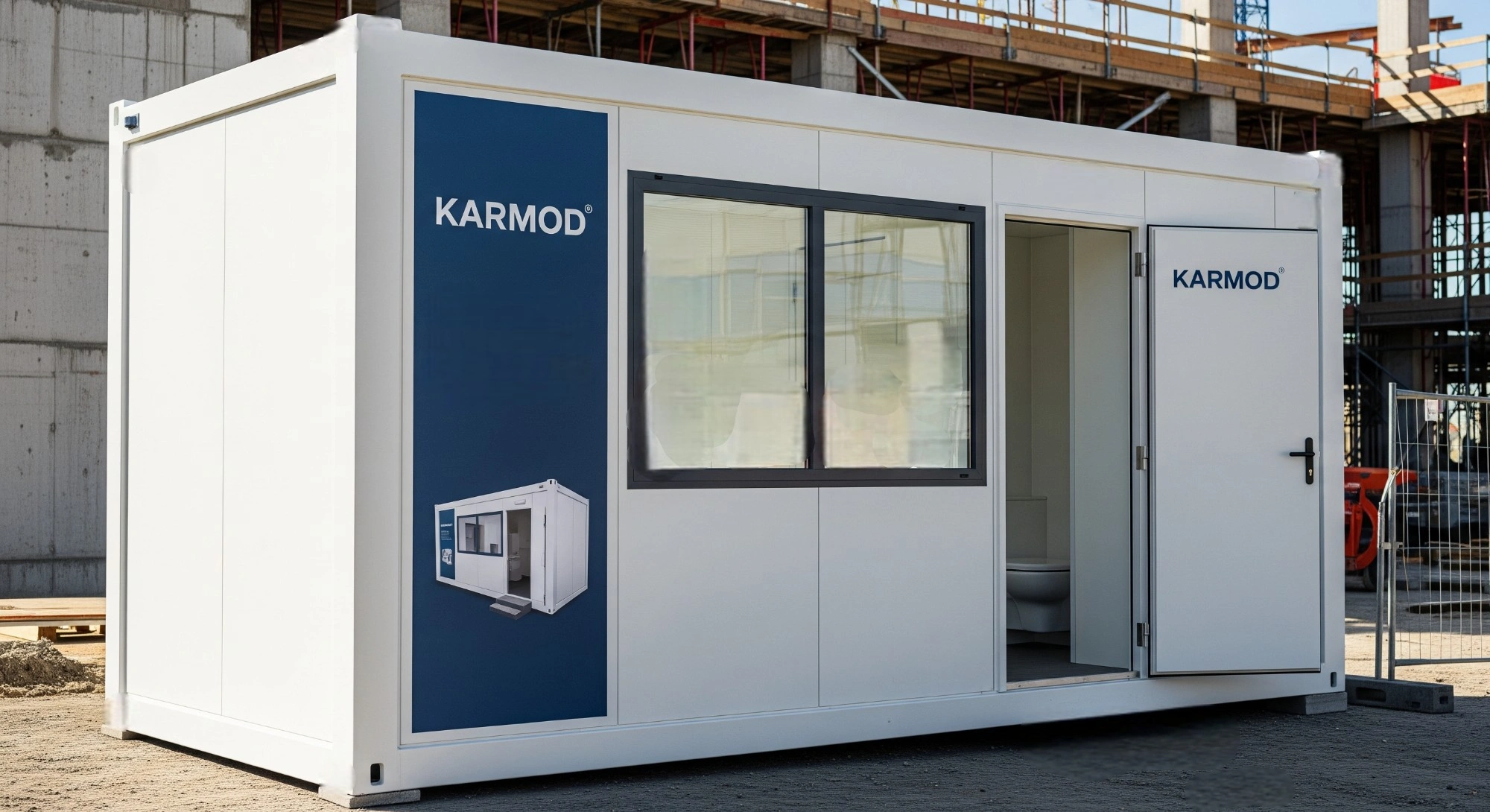 Karmod portable WC cabin for sanitation at a construction site — modular, hygienic, and mobile restroom solution