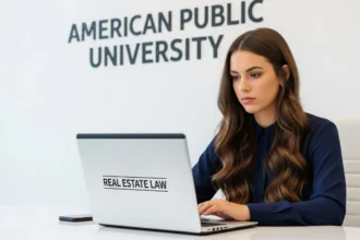 A women using laptop to take an online real estate law course