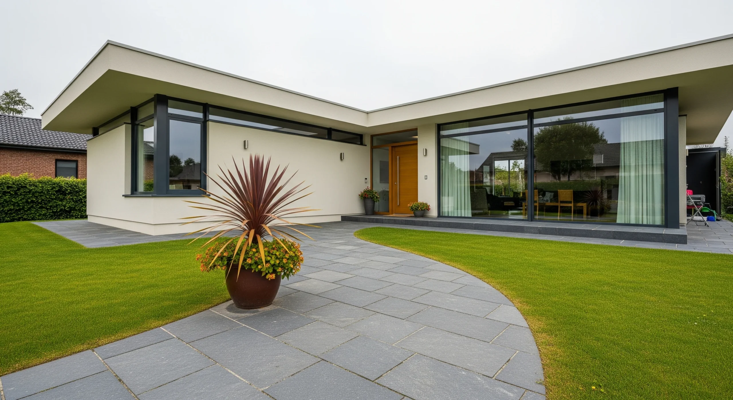 Front Yard With Pathway And Lush Garden
