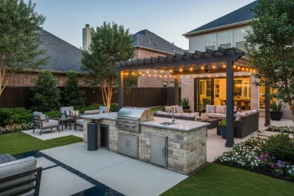 Dallas Outdoor Kitchen with Grill and Pergola at Sunset.