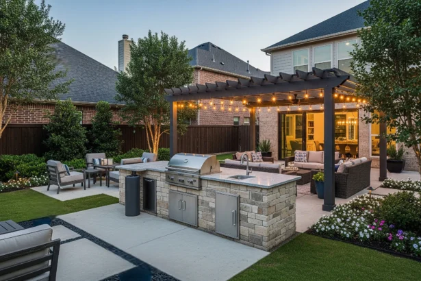 Dallas Outdoor Kitchen with Grill and Pergola at Sunset.