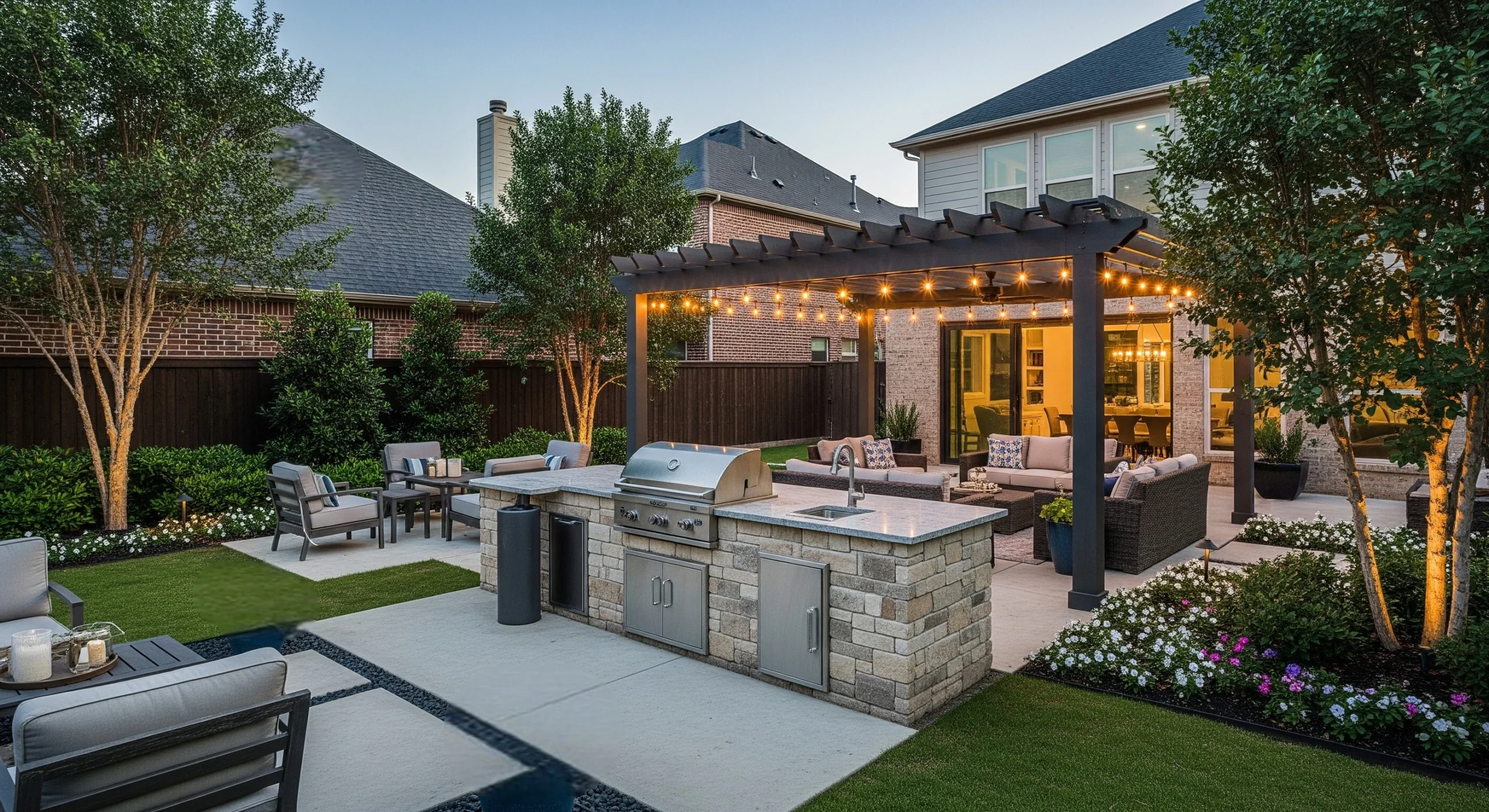 Dallas Outdoor Kitchen with Grill and Pergola at Sunset.