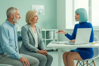Older couple reviewing financial documents with a financial advisor