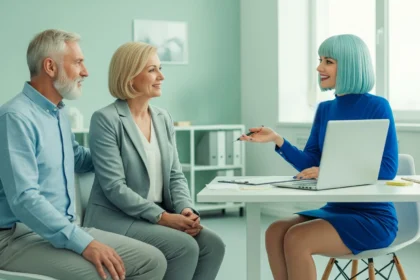 Older couple reviewing financial documents with a financial advisor