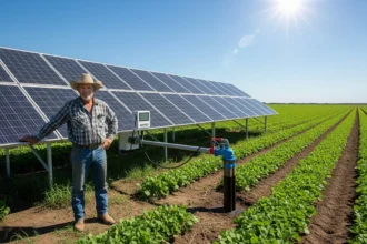 A farmer stands next to a solar panel array in a field of crops, with an irrigation system connected to the solar panels