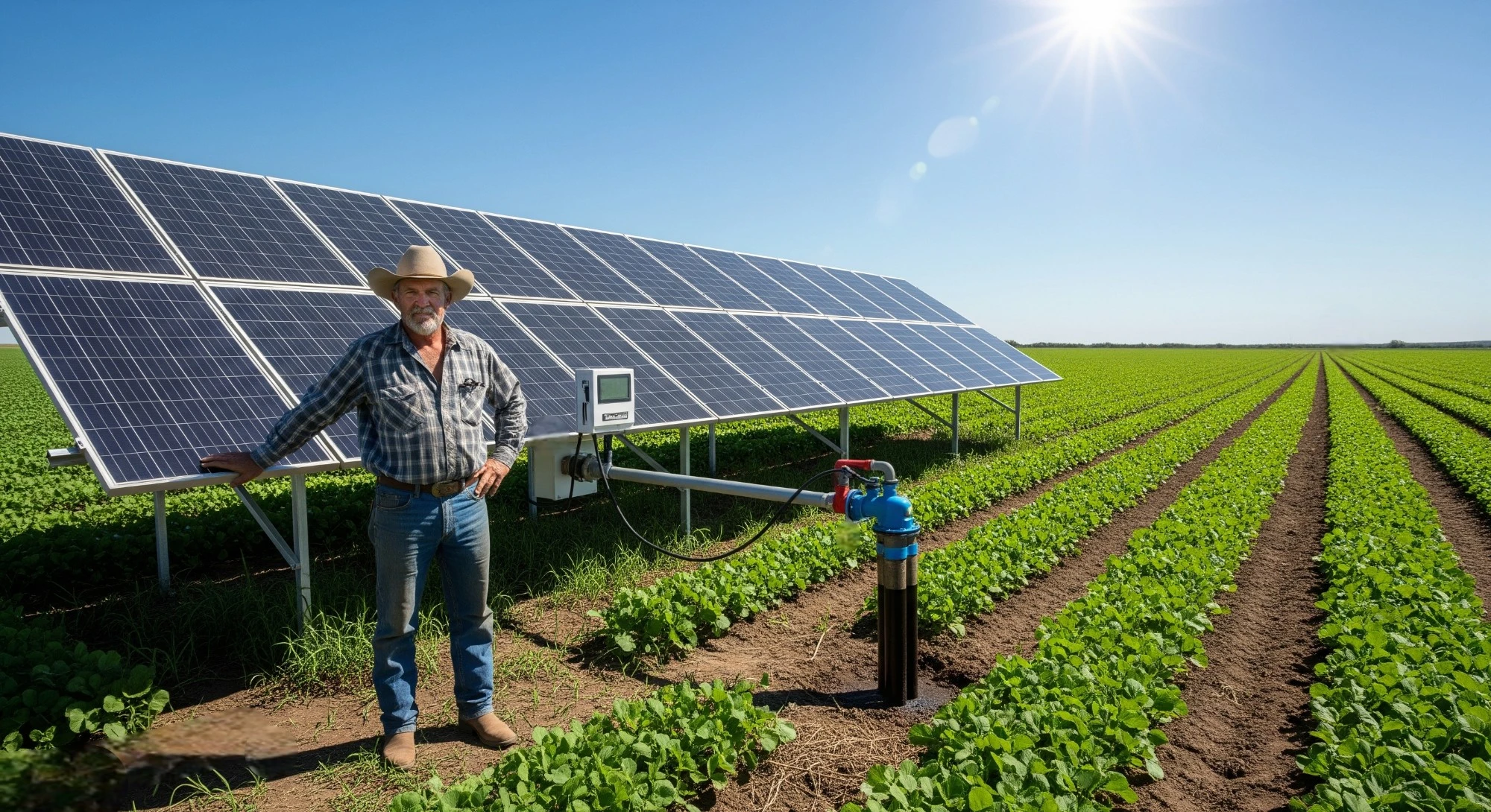 Solar-Powered Water Pump for Irrigation: The Definitive Guide A farmer stands next to a solar panel array in a field of crops, with an irrigation system connected to the solar panels
