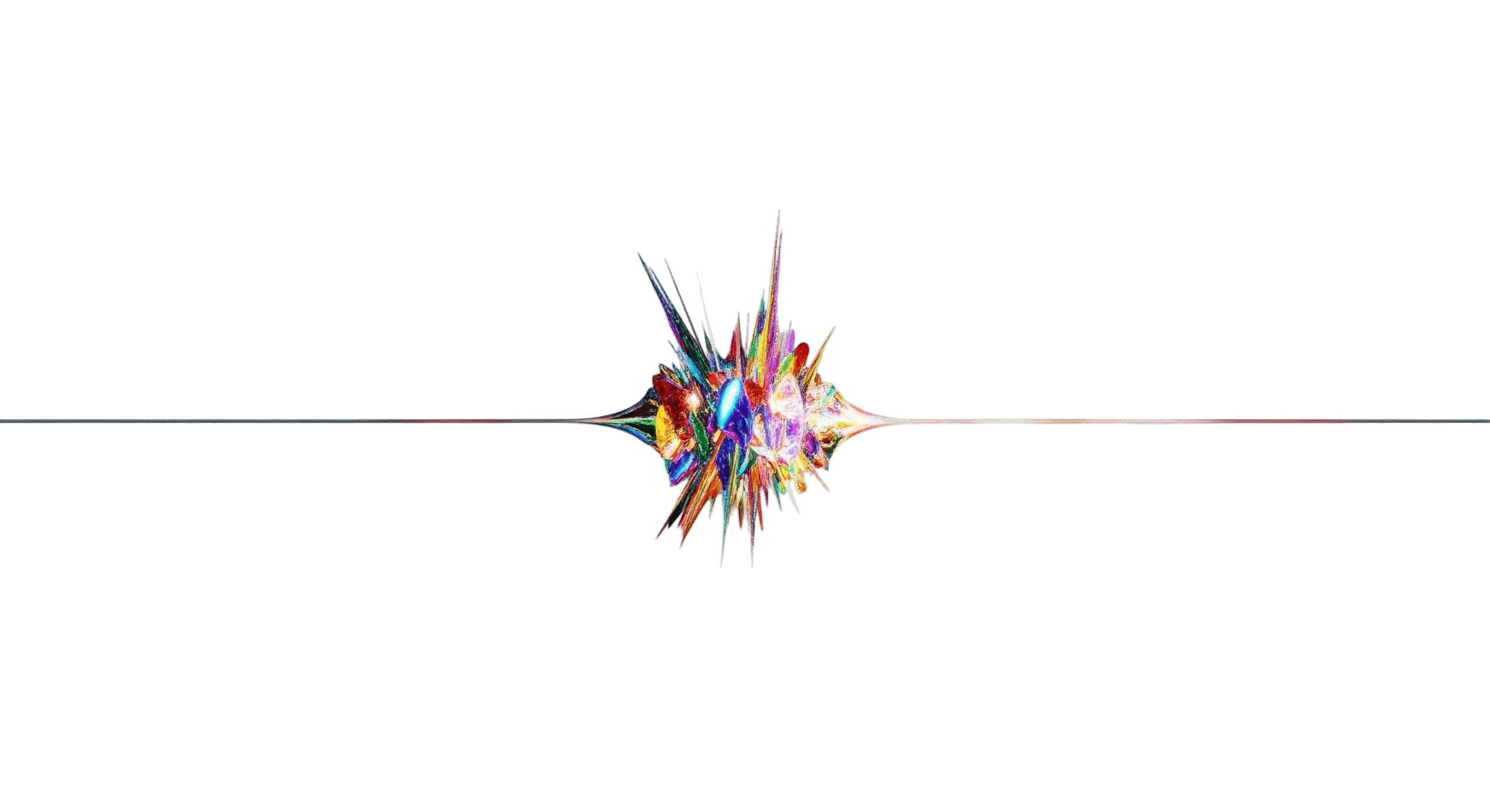 Symmetrical abstract artwork with a vivid central color burst and jagged lines extending from the center, set on a thin horizontal line over a white background