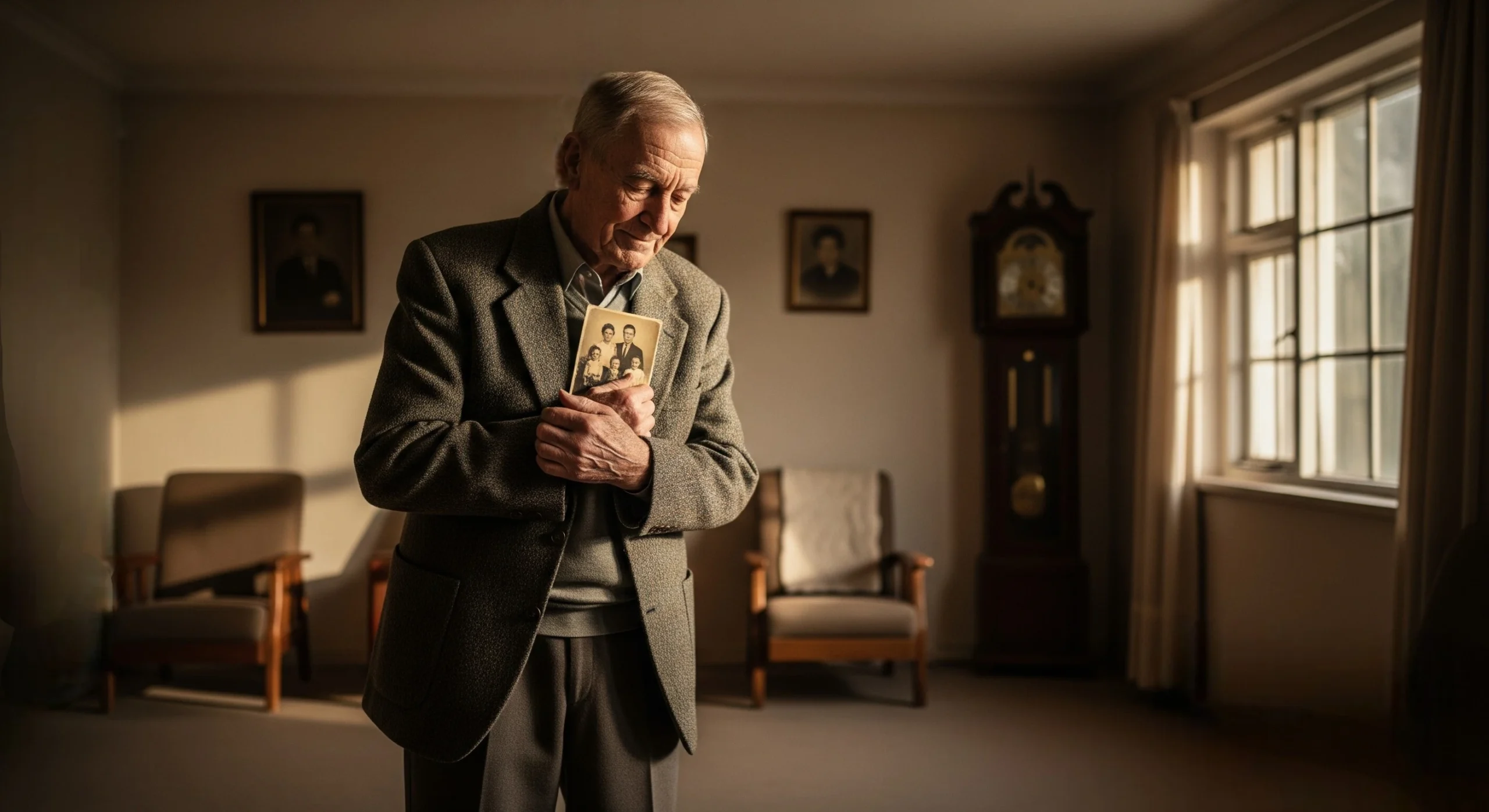 Senior man reflecting on memories in his old home