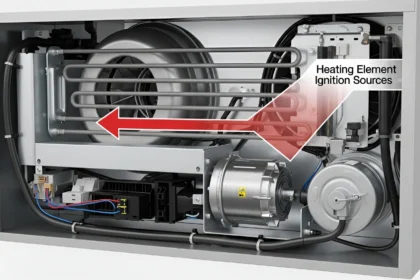 The heating element inside a furnace, highlighting the fire hazard from dirty air ducts.