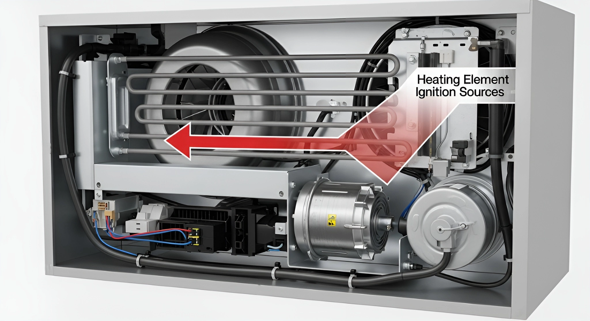 The heating element inside a furnace, highlighting the fire hazard from dirty air ducts.