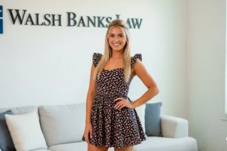 Confident woman standing in front of Walsh Banks Law office logo