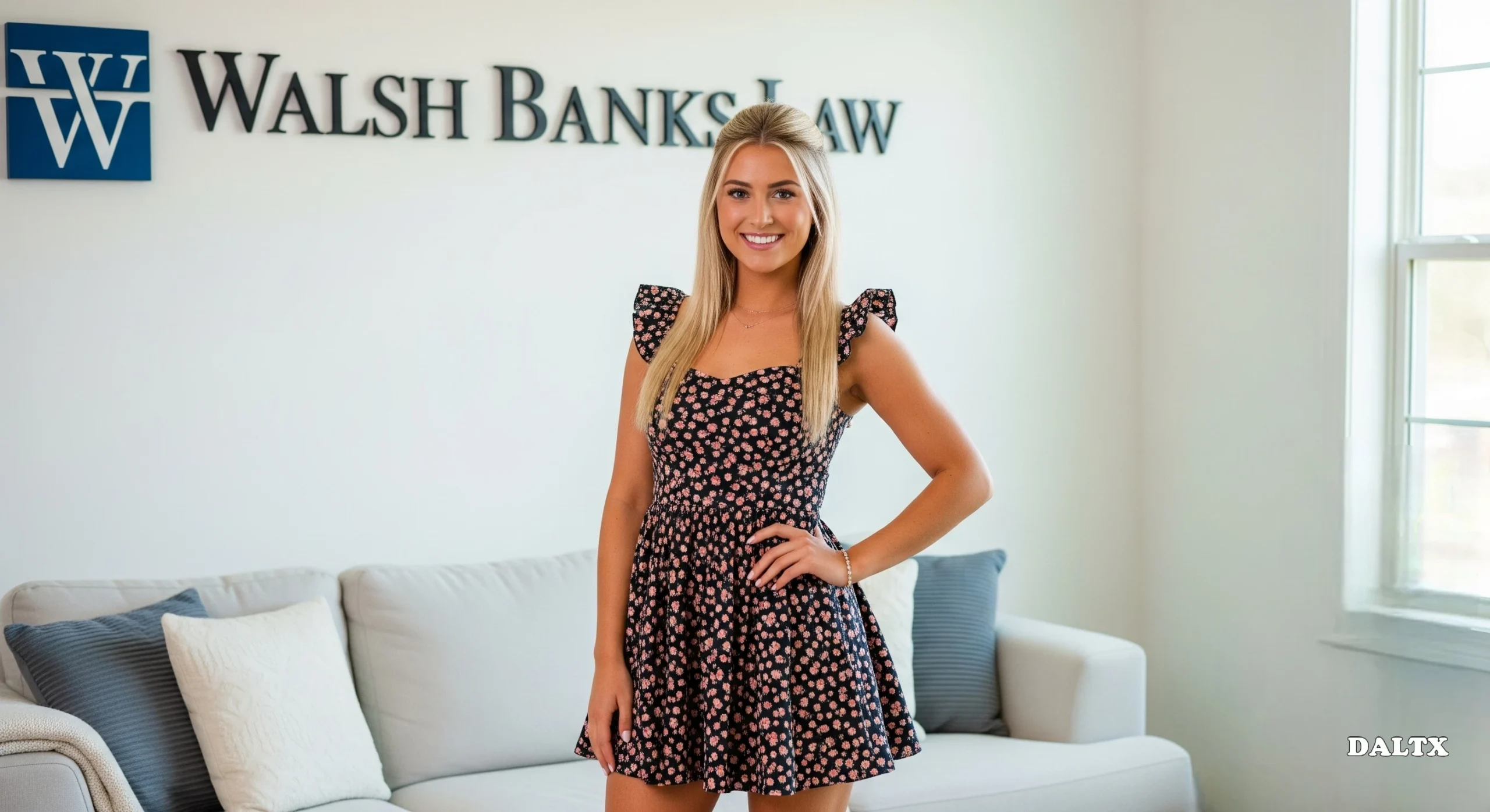 Confident woman standing in front of Walsh Banks Law office logo