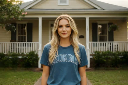 A lady wearing a blue "GEORGIA" t-shirt standing in front of a beige house with white trim and a porch