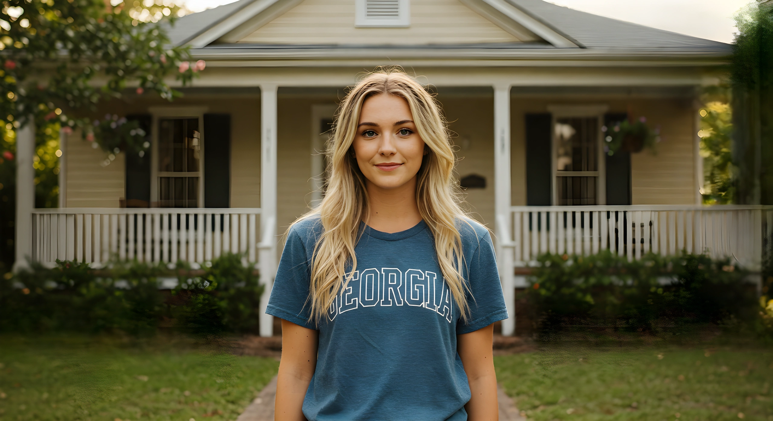 Skip the Staging: What Cash Buyers Look For in Georgia Homes A lady wearing a blue "GEORGIA" t-shirt standing in front of a beige house with white trim and a porch