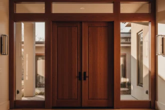 Modern wooden double door entrance with large glass panels and wall-mounted light fixtures on either side.