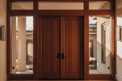 Modern wooden double door entrance with large glass panels and wall-mounted light fixtures on either side.