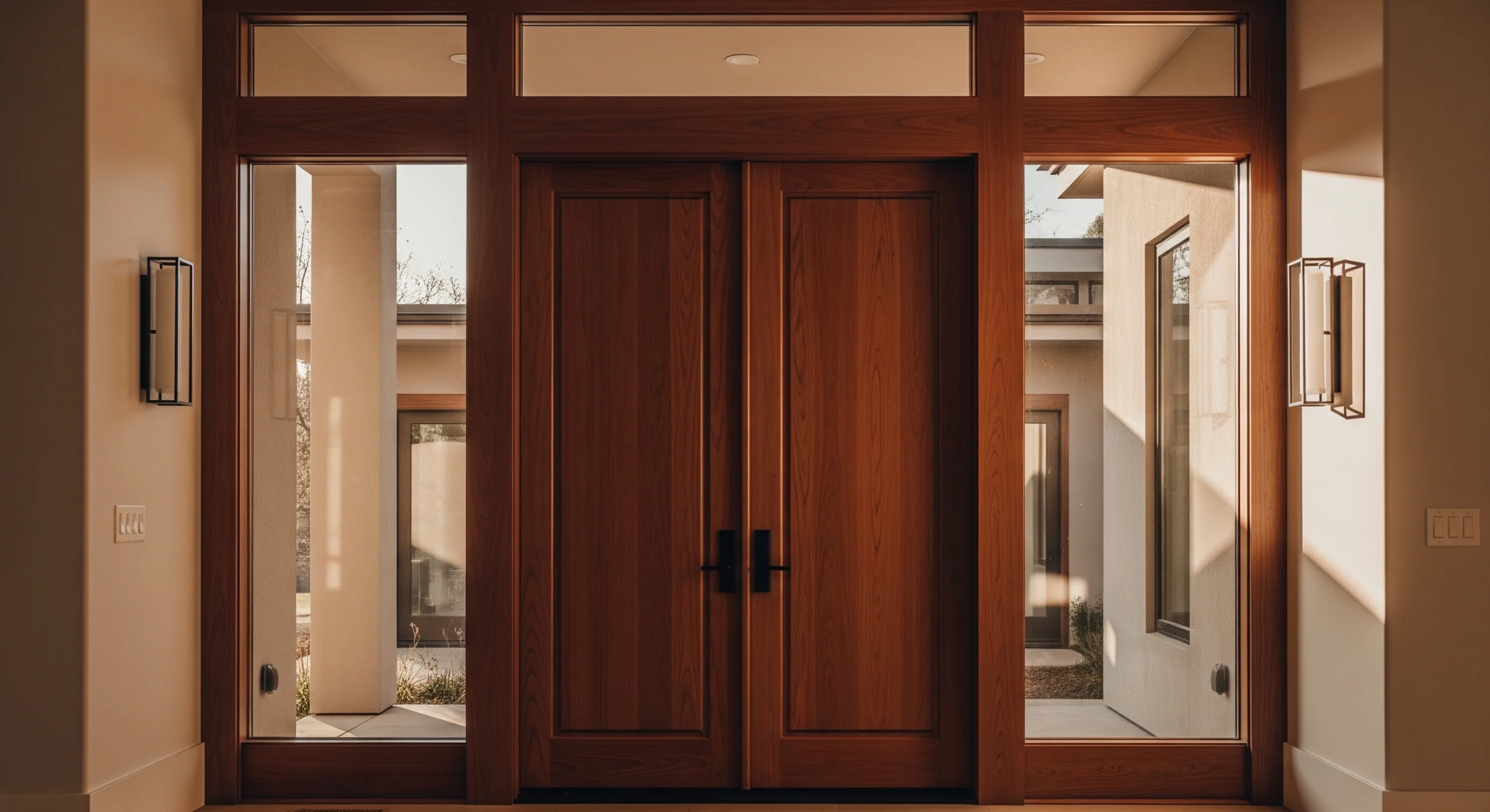 Modern wooden double door entrance with large glass panels and wall-mounted light fixtures on either side.