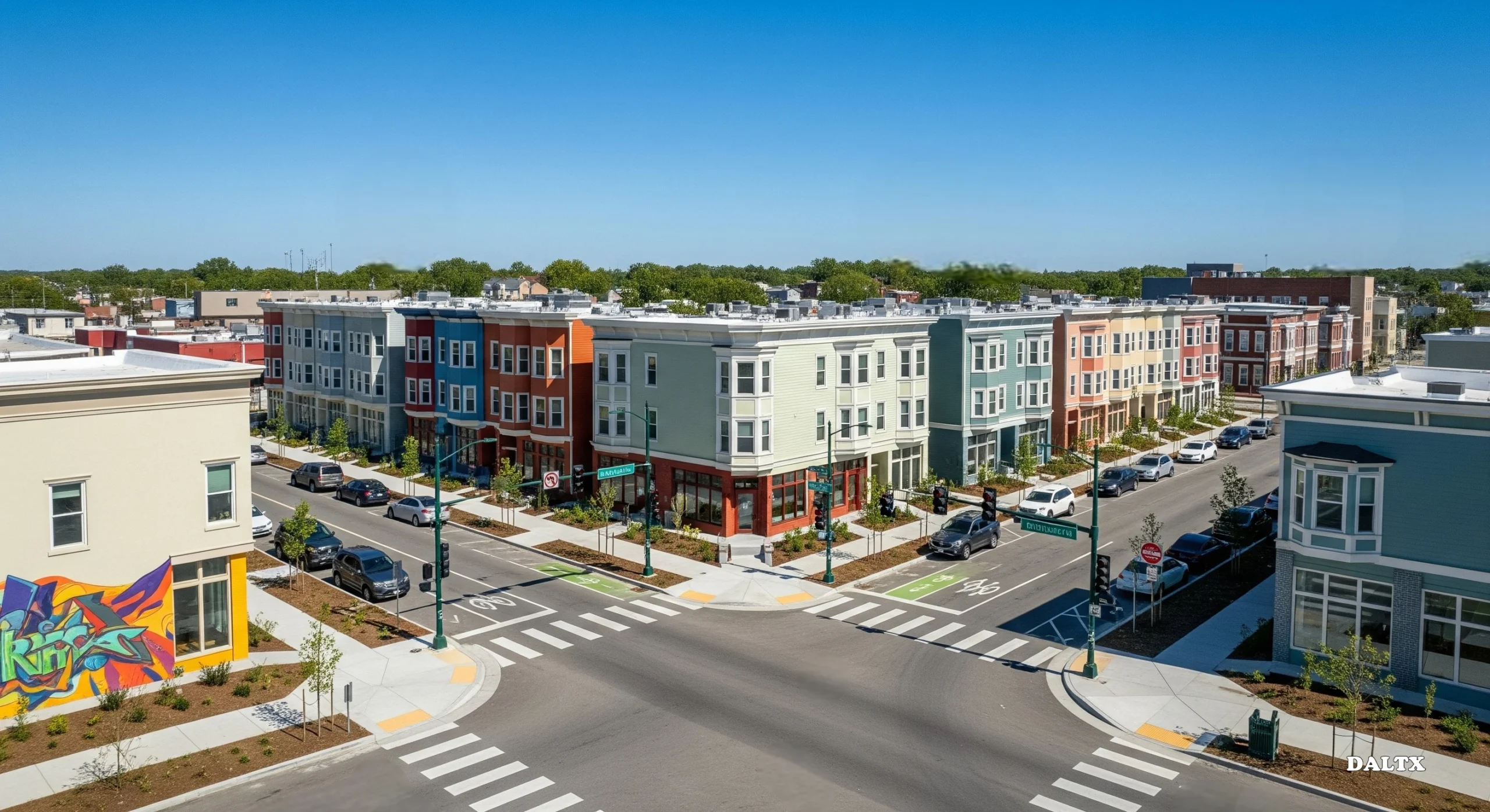 How Transitional Housing Shapes Lives and Local Neighborhoods Revitalized urban block with clean streets and community engagement