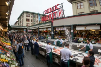 An illustration of crowds at Pike Place Market near fish stall