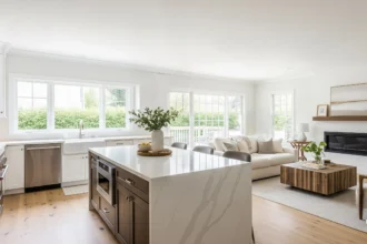 Contemporary kitchen and living room with modern design and natural light