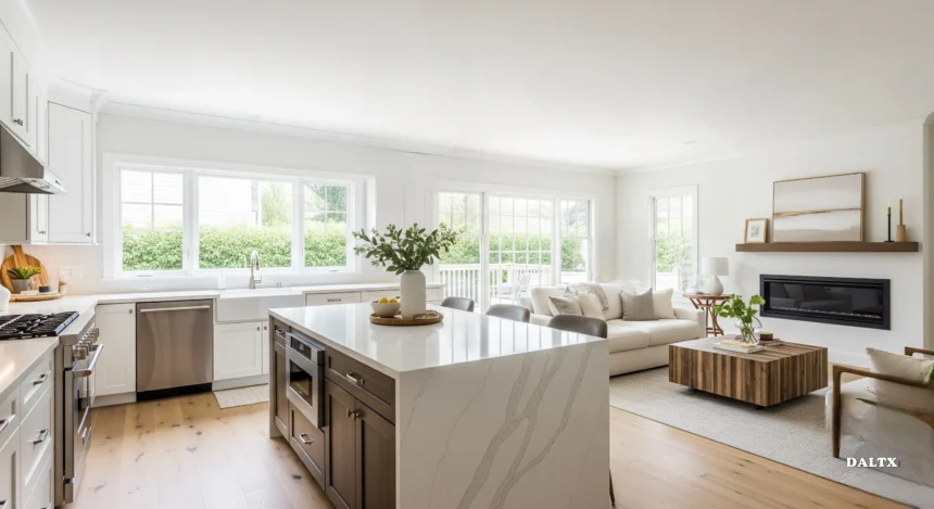 Contemporary kitchen and living room with modern design and natural light