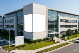 Contemporary commercial property with ample parking and office signage