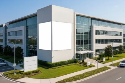 Contemporary commercial property with ample parking and office signage