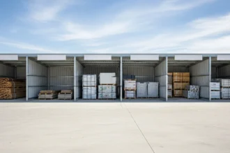 Organized stacks of cement, aggregates, and admixtures in separate zones