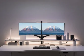 Modern ergonomic desk with dual monitors and personal accessories
