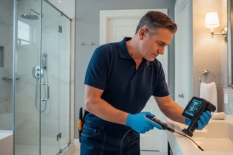 Plumber using a video camera to inspect a drain