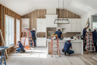 Renovation team remodeling a modern kitchen