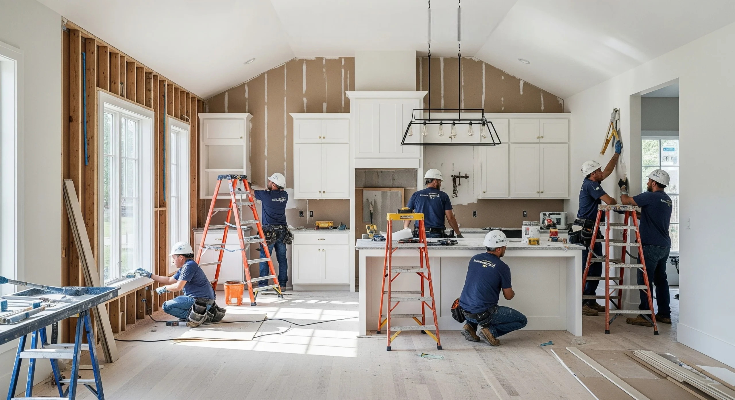 Renovation team remodeling a modern kitchen