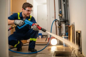 Plumber using hydro jetting hose to clean home drain