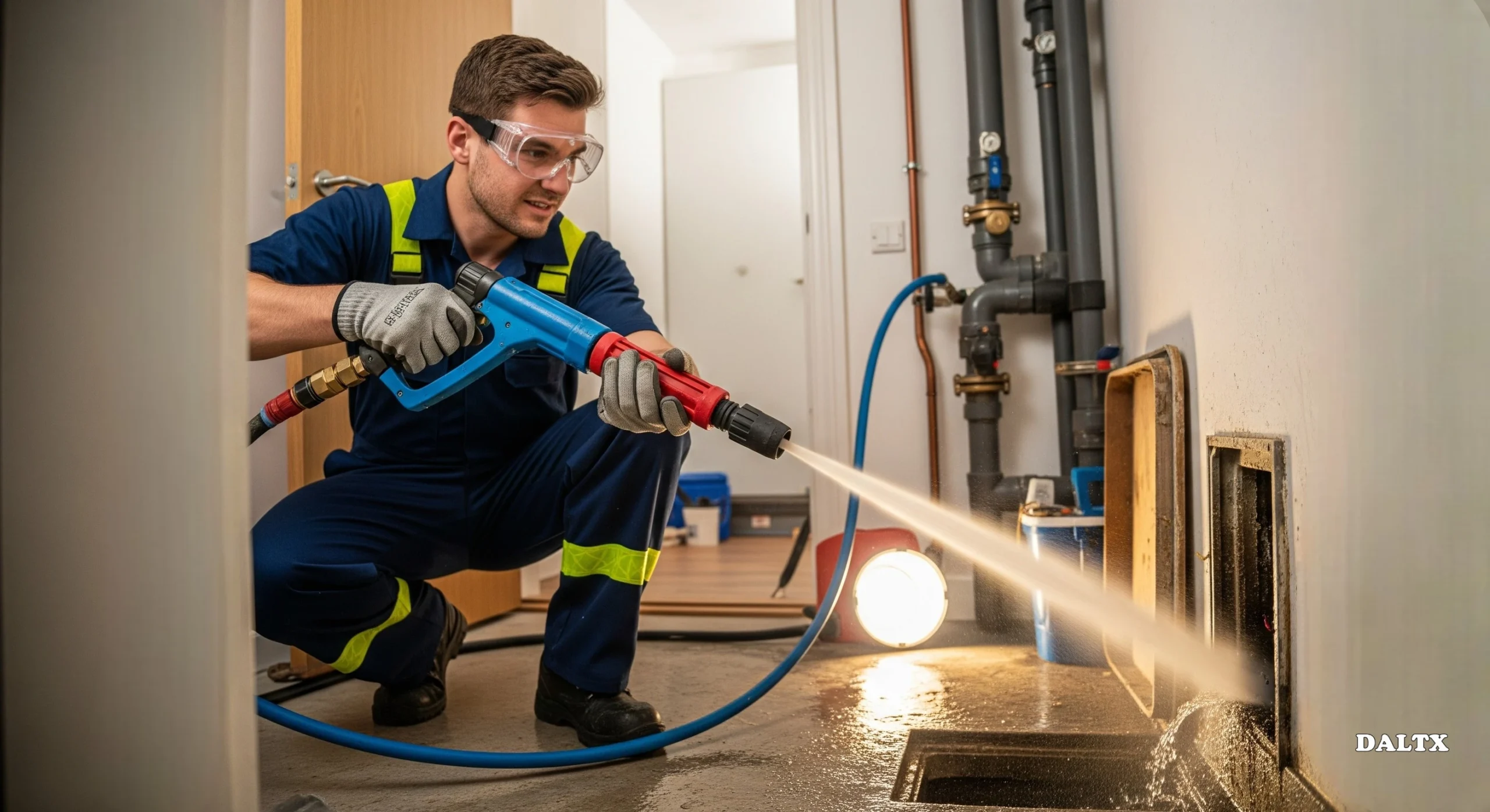 What to Expect from Hydro Jetting Services in Irvine Plumber using hydro jetting hose to clean home drain