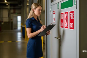 Industrial safety inspector reviewing fire exit signage