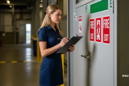 Industrial safety inspector reviewing fire exit signage