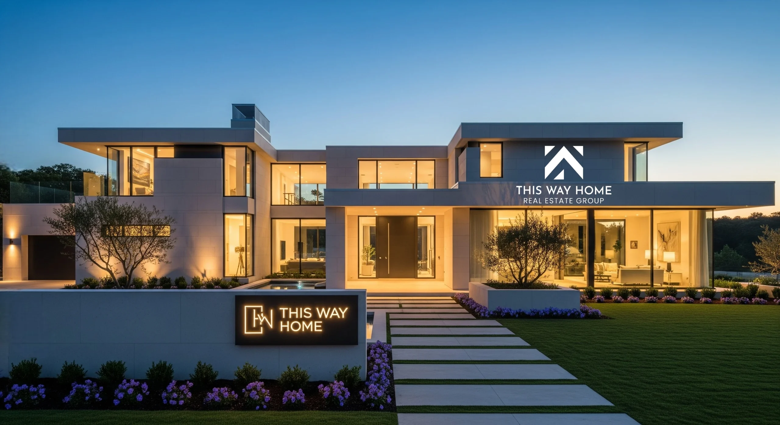 Contemporary luxury home with expansive glass windows and skyline view
