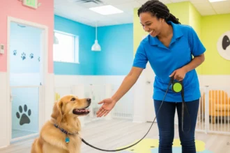 Dog being welcomed at a boarding facility