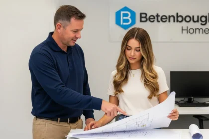 Young lady reviewing home plans with a builder inside a construction office